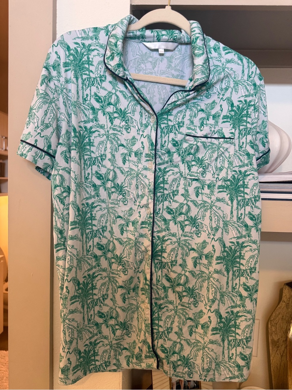 Green Palm-Print Two-Piece Pajama Set with Navy Trim - Picture 2 of 6